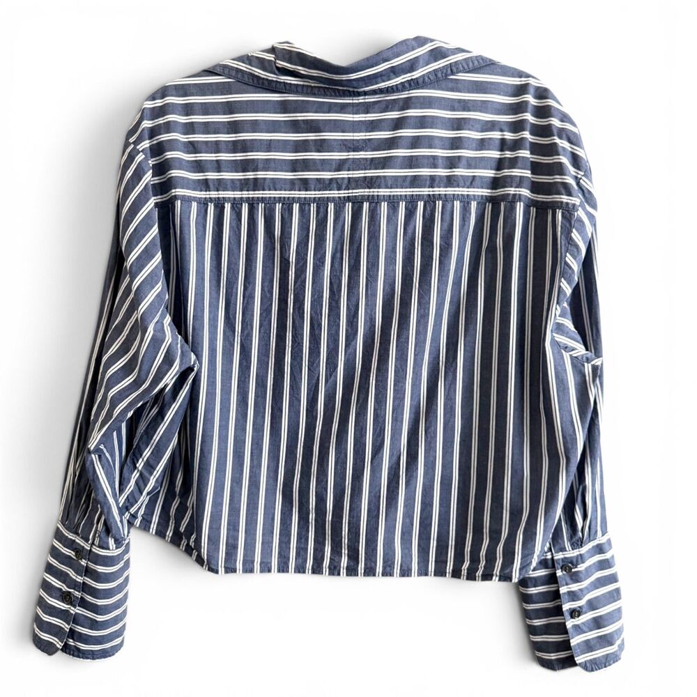 blue striped cropped boxy button up shirt collared top medium by banana republic - Picture 2 of 10